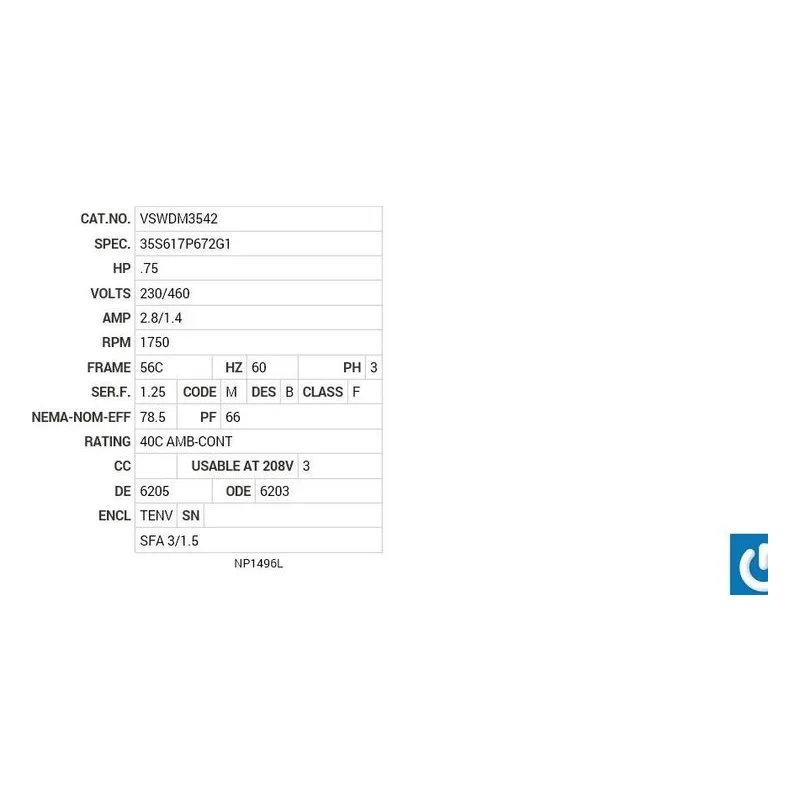 VSWDM3542 Baldor .75 HP, 1750 RPM, 3 PH, 60 HZ, 56C, 3514M, TENV, F1 Motor Nameplate - view 2