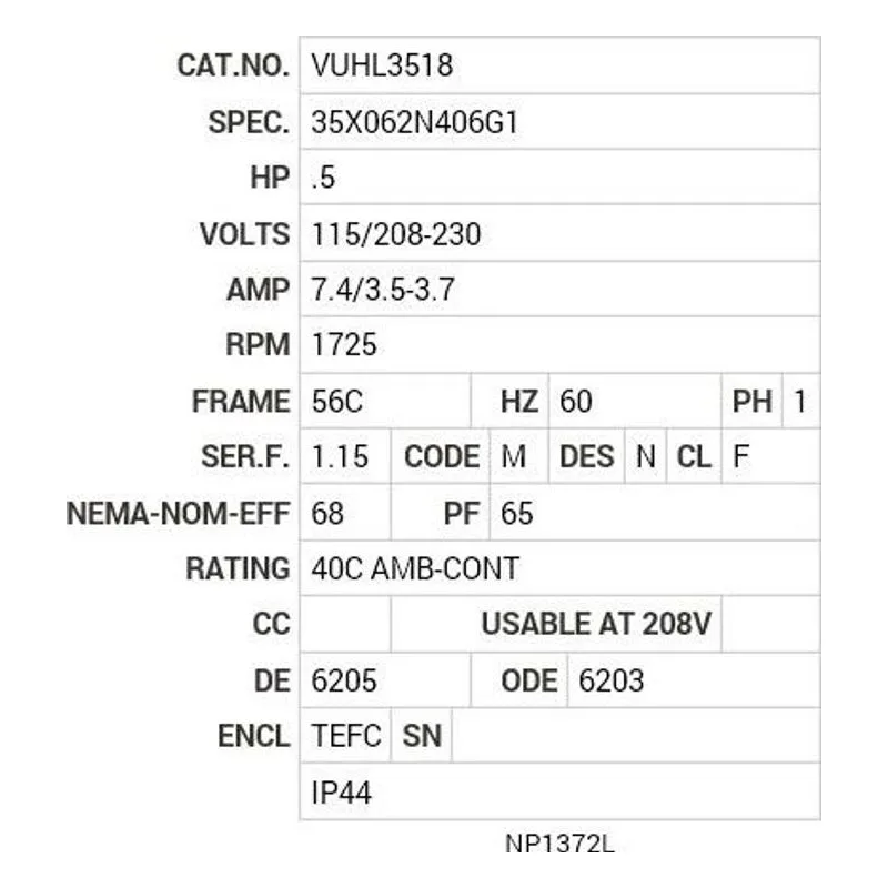 VUHL3518 Baldor .5 HP, 1725 RPM, 1 PH, 60 HZ, 56C, 3520L, TEFC, F3 Motor Nameplate - view 2