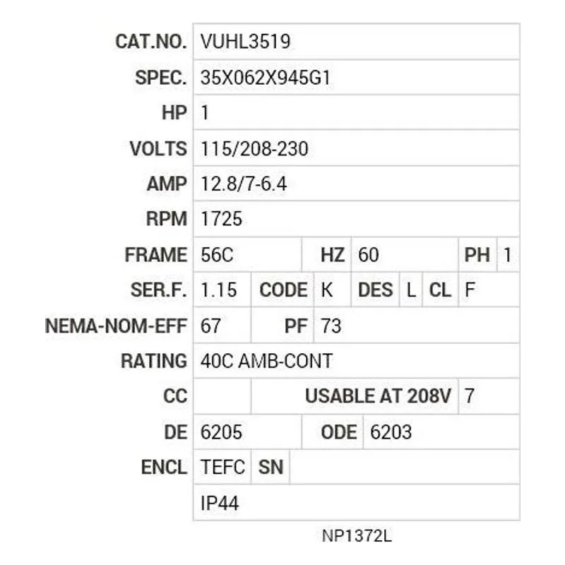 VUHL3519 Baldor 1 HP, 1725 RPM, 1 PH, 60 HZ, 56C, 3524L, TEFC, F3, N Motor Nameplate - view 2