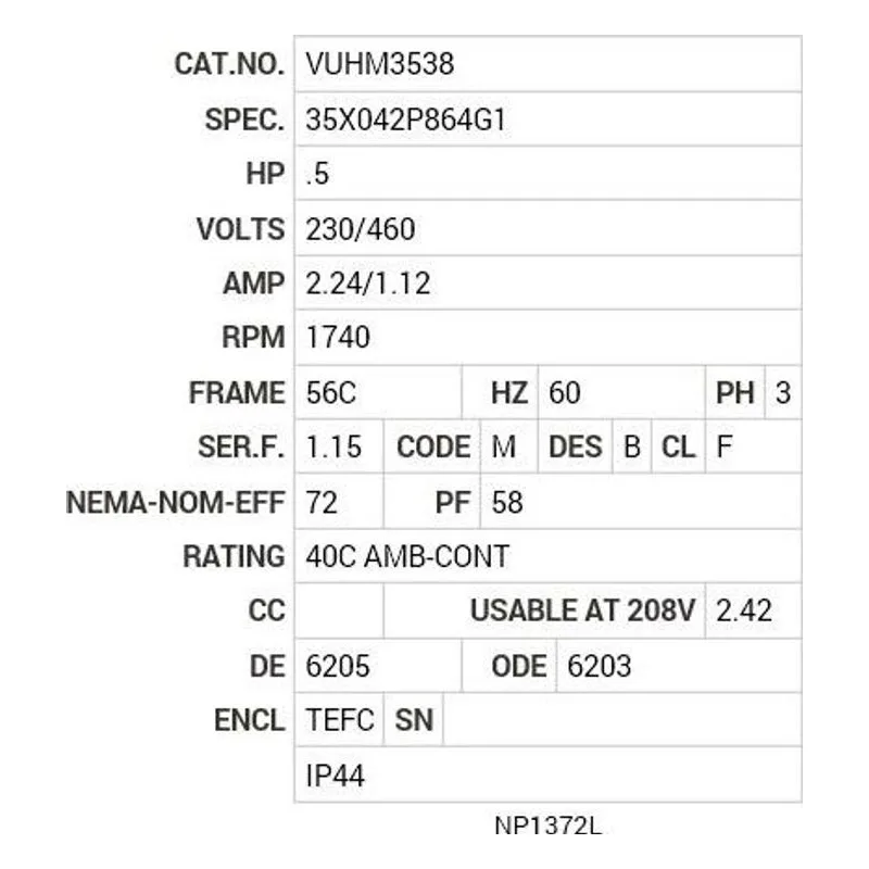 VUHM3538 Baldor .5 HP, 1740 RPM, 3 PH, 60 HZ, 56C, 3511M, TEFC, F3 Motor Nameplate - view 2