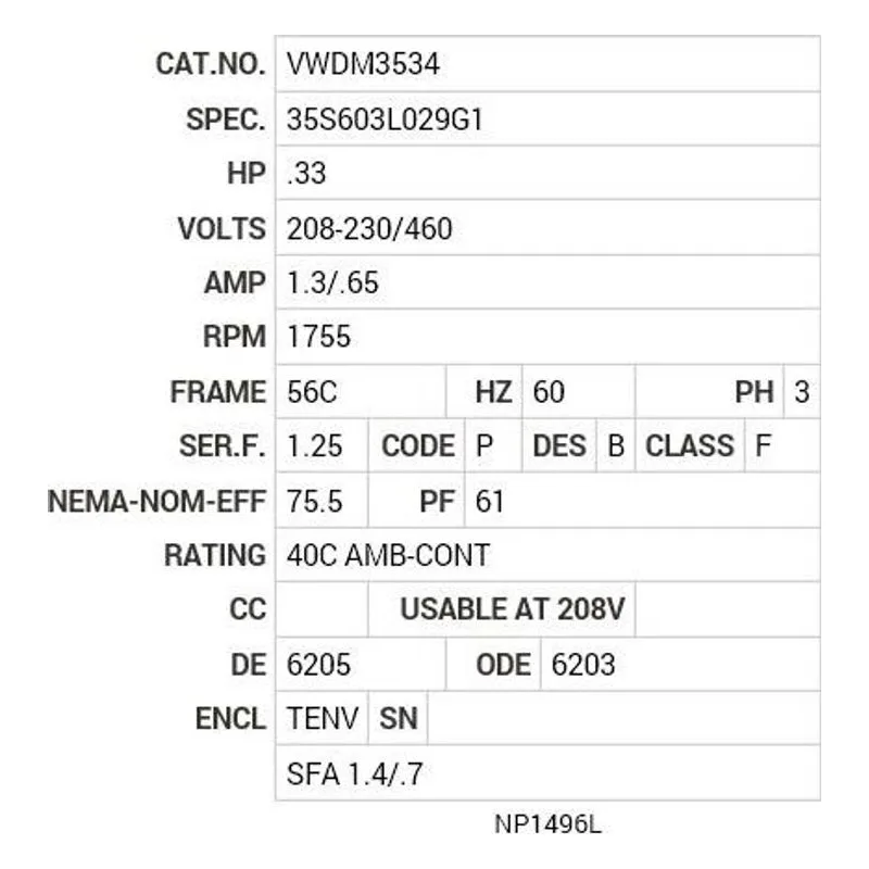 VWDM3534 Baldor .33 HP, 1755 RPM, 3 PH, 60 HZ, 56C, 3512M, TENV, F1 Motor Nameplate - view 2