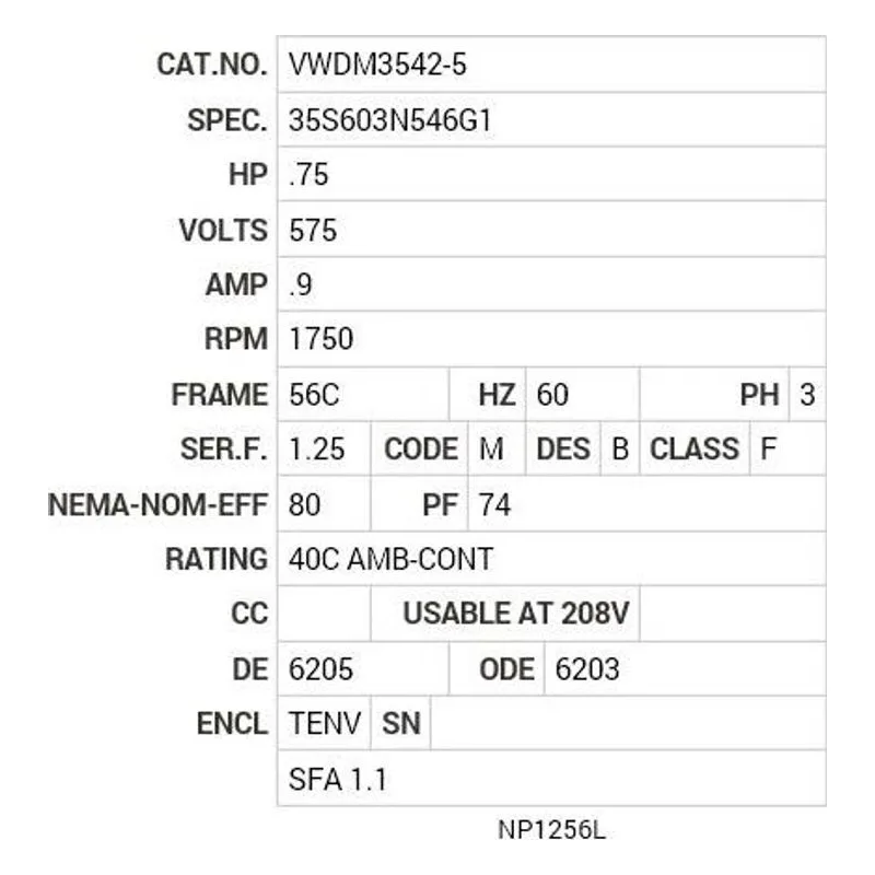 VWDM3542-5 Baldor .75 HP, 1750 RPM, 3 PH, 60 HZ, 56C, 3516M, TENV, F1 Motor Nameplate - view 2