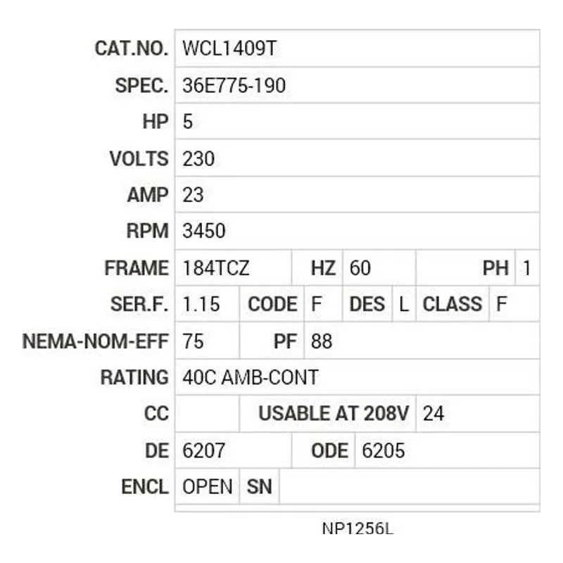 WCL1409T Baldor 5 HP, 3450 RPM, 1 PH, 60 HZ, 184TCZ, 3634L, OPEN Motor Nameplate - view 2