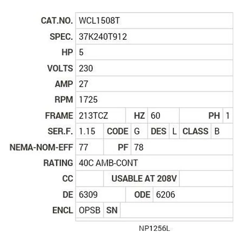 WCL1508T Baldor 5 HP, 1725 RPM, 1 PH, 60 HZ, 213TCZ, 3727L, OPSB, F Motor Nameplate - view 2