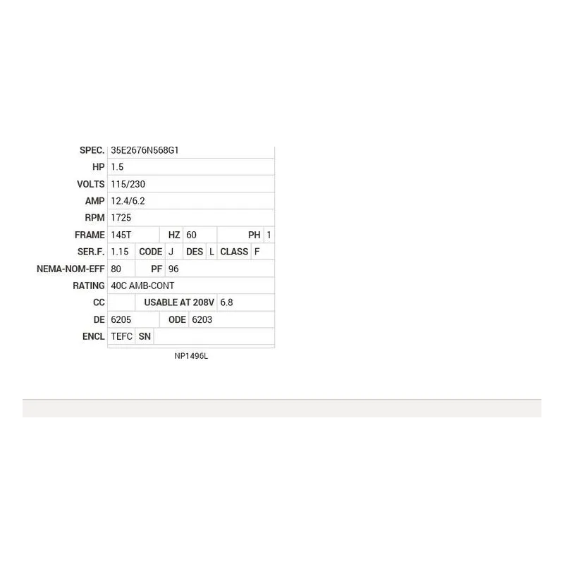WDL3514T Baldor 1.5 HP, 1725 RPM, 1 PH, 60 HZ, 145T, 3532LC, TEFC Motor Nameplate - view 2