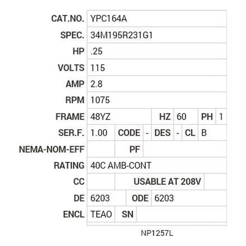 YPC164A Baldor .25 HP, 1075 RPM, 1 PH, 60 HZ, 48YZ, 3411C, TEAO, F Motor Nameplate - view 2