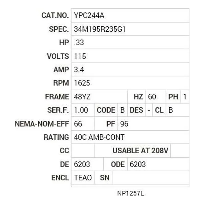 YPC244A Baldor .33 HP, 1625 RPM, 1 PH, 60 HZ, 48YZ, 3411C, TEAO, F Motor Nameplate - view 2