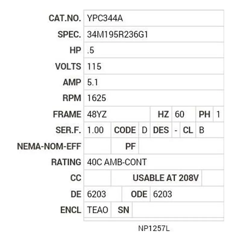 YPC344A Baldor .5 HP, 1625 RPM, 1 PH, 60 HZ, 48YZ, 3414C, TEAO, F1 Motor Nameplate - view 2