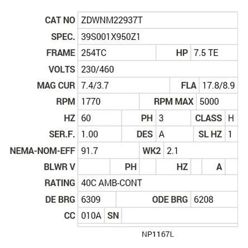 ZDWNM22937T Baldor 7.5 HP, 1770 RPM, 3 PH, 60 HZ, 254TC, 3948M, TENV Motor Nameplate - view 2