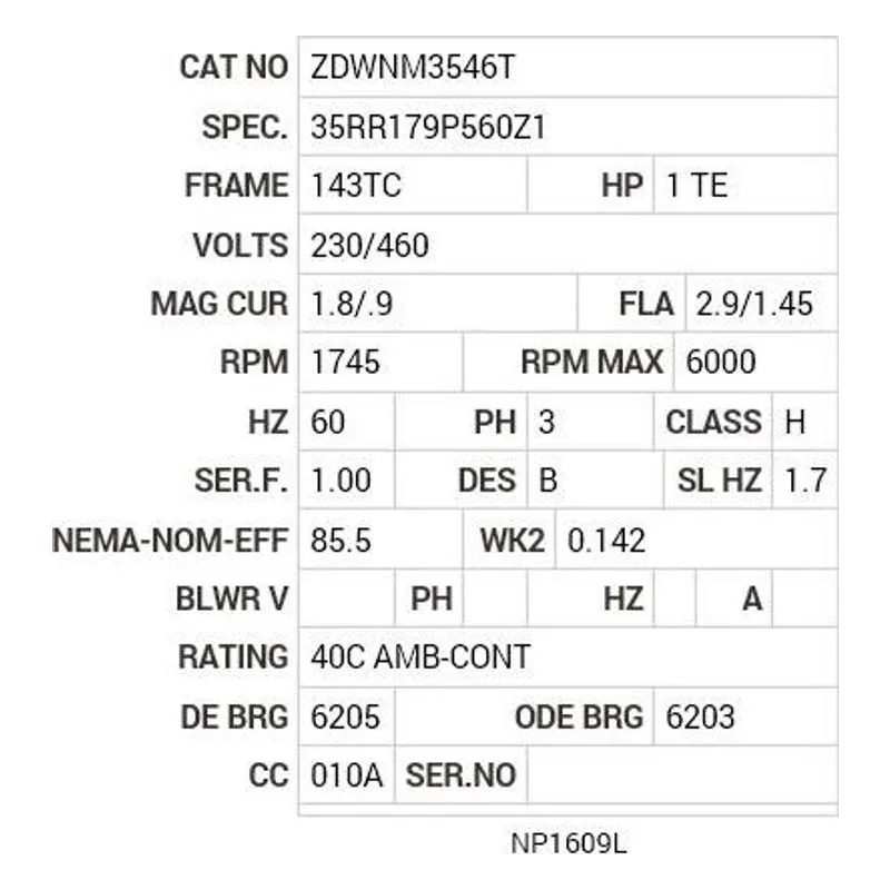 ZDWNM3546T Baldor 1 HP, 1745 RPM, 3 PH, 60 HZ, 143TC, 3524M, TENV, F1 Motor Nameplate - view 2