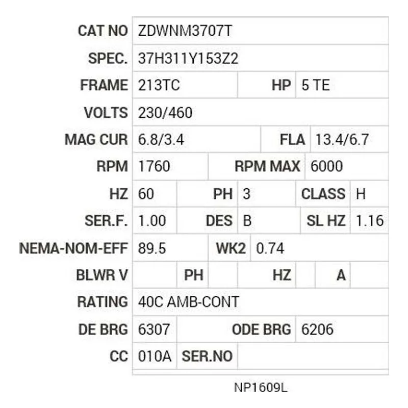 ZDWNM3707T Baldor 5 HP, 1760 RPM, 3 PH, 60 HZ, 213TC, 3735M, TENV, F1 Motor Nameplate - view 2