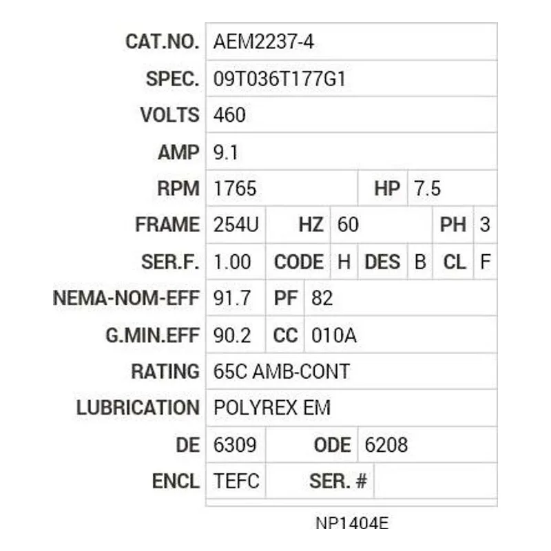 AEM2237-4 Baldor 7.5 HP, 1765 RPM, 3 PH, 60 HZ, 254U, 0932M, TEFC, F Motor Nameplate - view 2