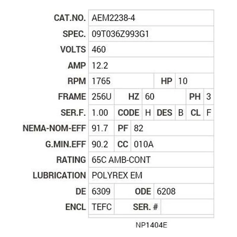 AEM2238-4 Baldor 10 HP, 1765 RPM, 3 PH, 60 HZ, 256U, 0932M, TEFC, F1 Motor Nameplate - view 2