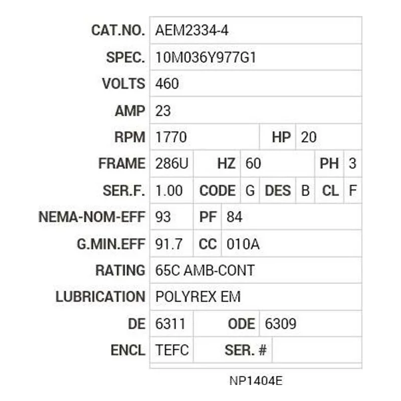 AEM2334-4 Baldor 20 HP, 1770 RPM, 3 PH, 60 HZ, 286U, 1046M, TEFC, F1 Motor Nameplate - view 2