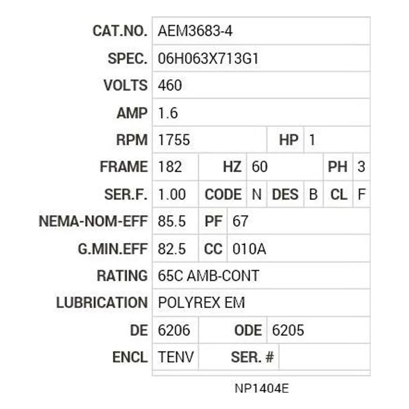 AEM3683-4 Baldor 1 HP, 1755 RPM, 3 PH, 60 HZ, 182, 0620M, TENV, F1, N Motor Nameplate - view 2