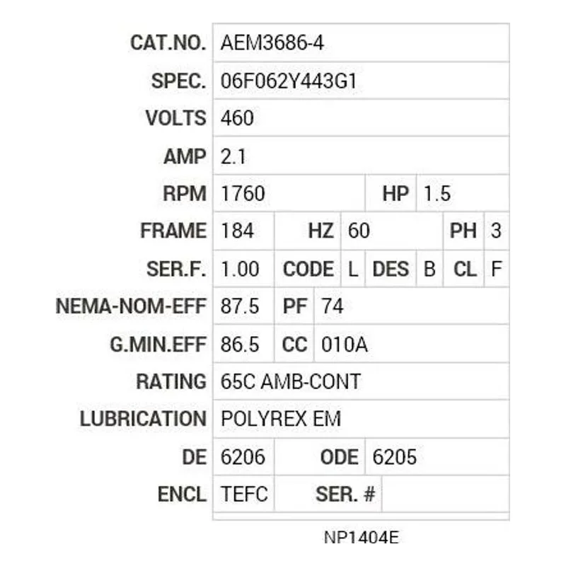 AEM3686-4 Baldor 1.5 HP, 1760 RPM, 3 PH, 60 HZ, 184, 0626M, TEFC, F1 Motor Nameplate - view 2