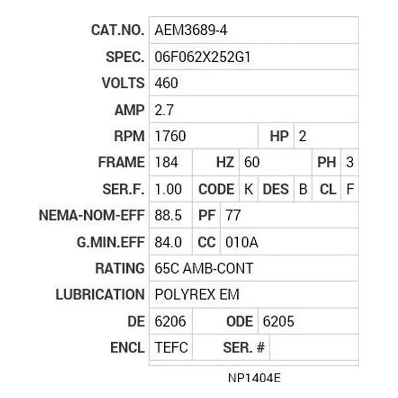 AEM3689-4 Baldor 2 HP, 1760 RPM, 3 PH, 60 HZ, 184, 0626M, TEFC, F1, N Motor Nameplate - view 2
