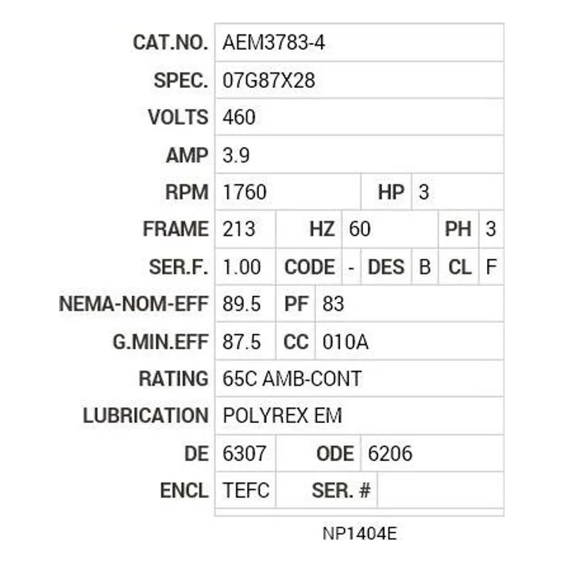 AEM3783-4 Baldor 3 HP, 1760 RPM, 3 PH, 60 HZ, 213, 0729M, TEFC, F1 Motor Nameplate - view 2