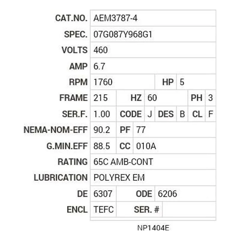 AEM3787-4 Baldor 5 HP, 1760 RPM, 3 PH, 60 HZ, 215, 0728M, TEFC, F1, N Motor Nameplate - view 2
