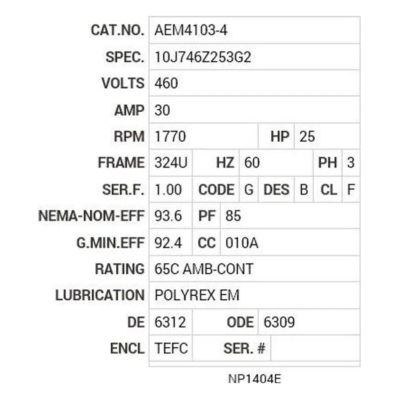 AEM4103-4 Baldor 25 HP, 1770 RPM, 3 PH, 60 HZ, 324U, 1052M, TEFC, F1 Motor Nameplate - view 2