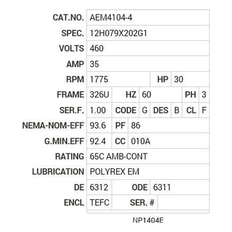 AEM4104-4 Baldor 30 HP, 1775 RPM, 3 PH, 60 HZ, 326U, 1250M, TEFC, F1 Motor Nameplate - view 2