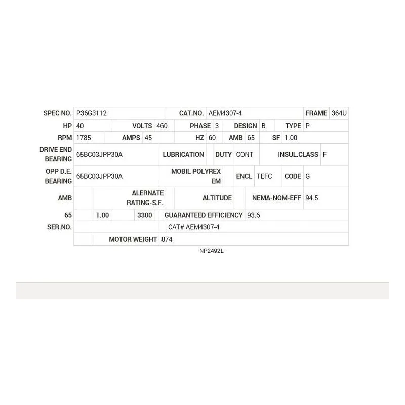 AEM4307-4 Baldor 40 HP, 1780 RPM, 3 PH, 60 HZ, 364U, 1448M, TEFC, F1 Motor Nameplate - view 2