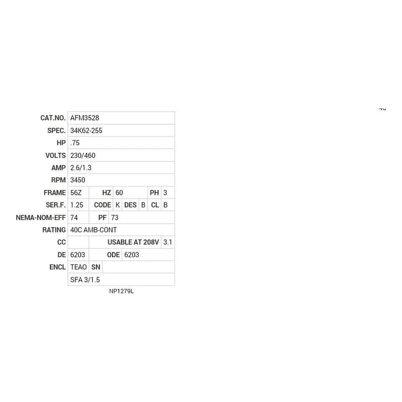 AFM3528 Baldor .75 HP, 3450 RPM, 3 PH, 60 HZ, 56Z, 3413M, TEAO, F1 Motor Nameplate - view 2