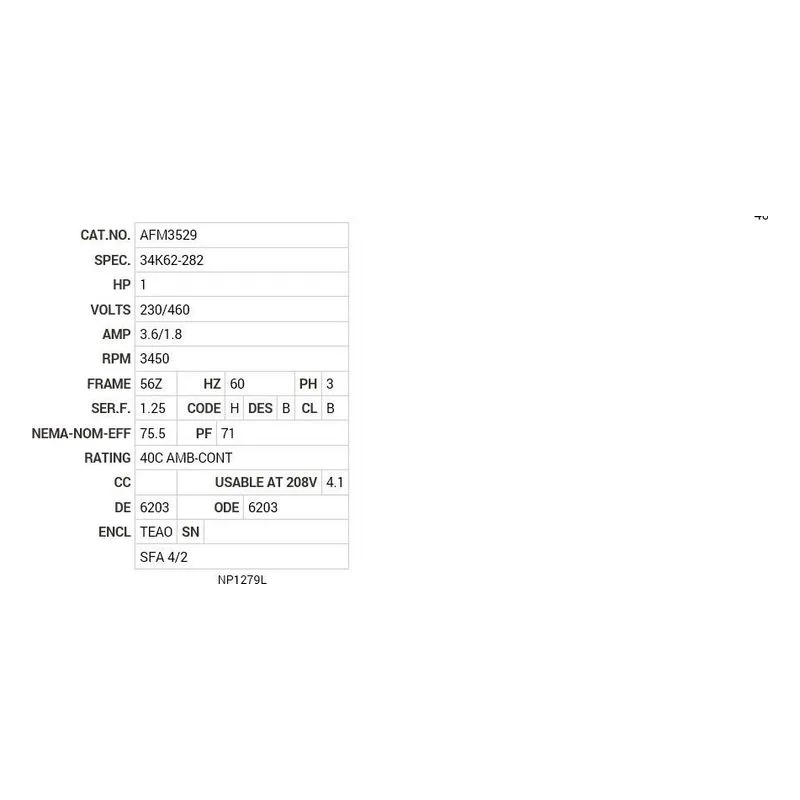 AFM3529 Baldor 1 HP, 3450 RPM, 3 PH, 60 HZ, 56Z, 3416M, TEAO, F1 Motor Nameplate - view 2