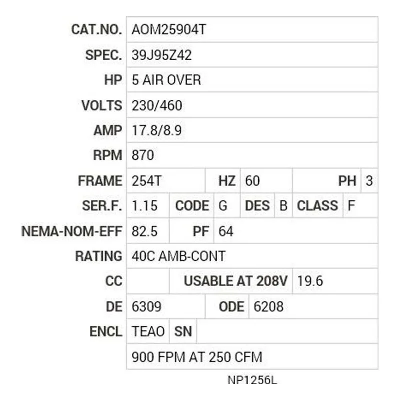 AOM25904T Baldor 5 HP, 870 RPM, 3 PH, 60 HZ, 254T, 3936M, TEAO, F1 Motor Nameplate - view 2