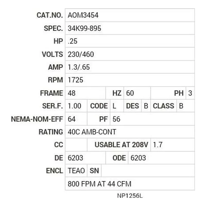 AOM3454 Baldor .25 HP, 1725 RPM, 3 PH, 60 HZ, 48, 3410M, TEAO, F1 Motor Nameplate - view 2
