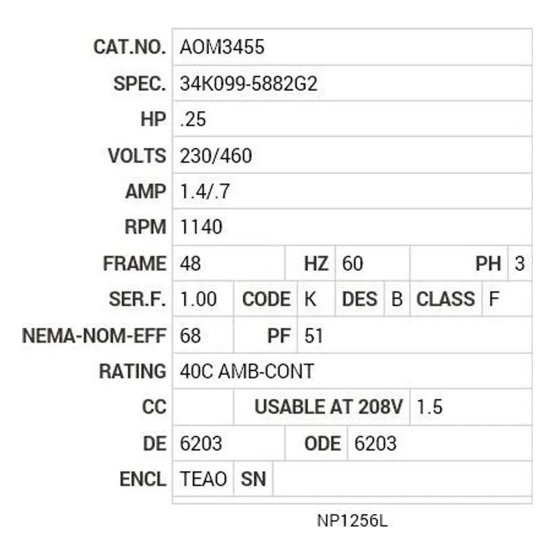 AOM3455 Baldor .25 HP, 1140 RPM, 3 PH, 60 HZ, 48, 3411M, TEAO, F1 Motor Nameplate - view 2