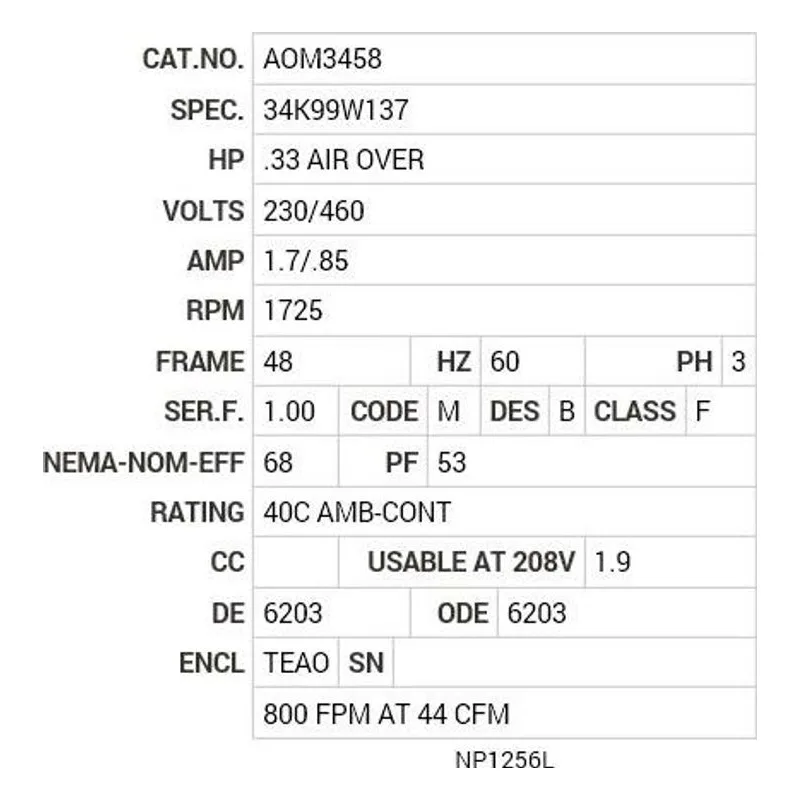 AOM3458 Baldor .33 HP, 1725 RPM, 3 PH, 60 HZ, 48, 3410M, TEAO, F1 Motor Nameplate - view 2