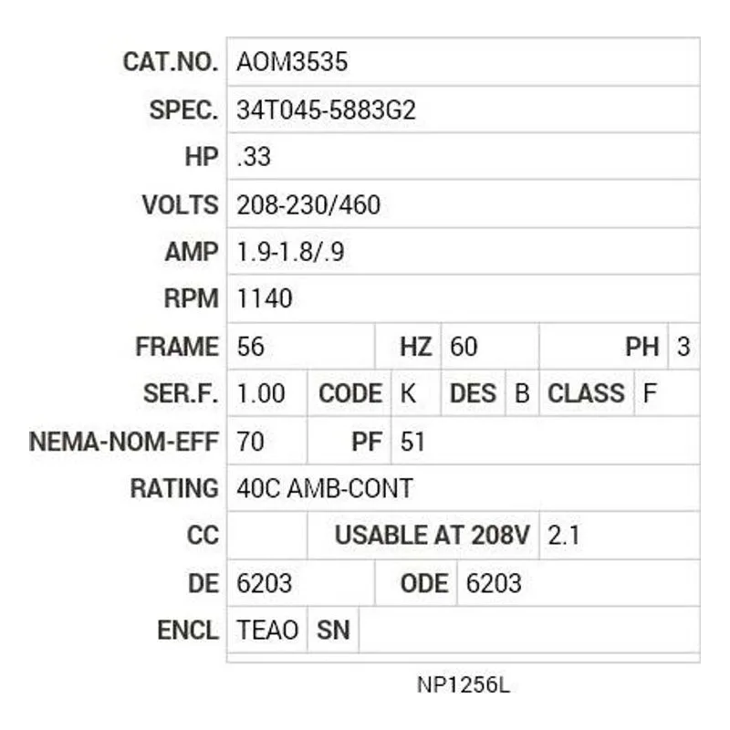 AOM3535 Baldor .33 HP, 1140 RPM, 3 PH, 60 HZ, 56, 3414M, TEAO, F1 Motor Nameplate - view 2