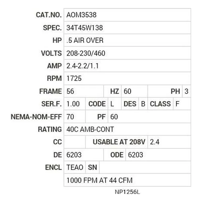 AOM3538 Baldor .5 HP, 1725 RPM, 3 PH, 60 HZ, 56, 3413M, TEAO, F1 Motor Nameplate - view 2