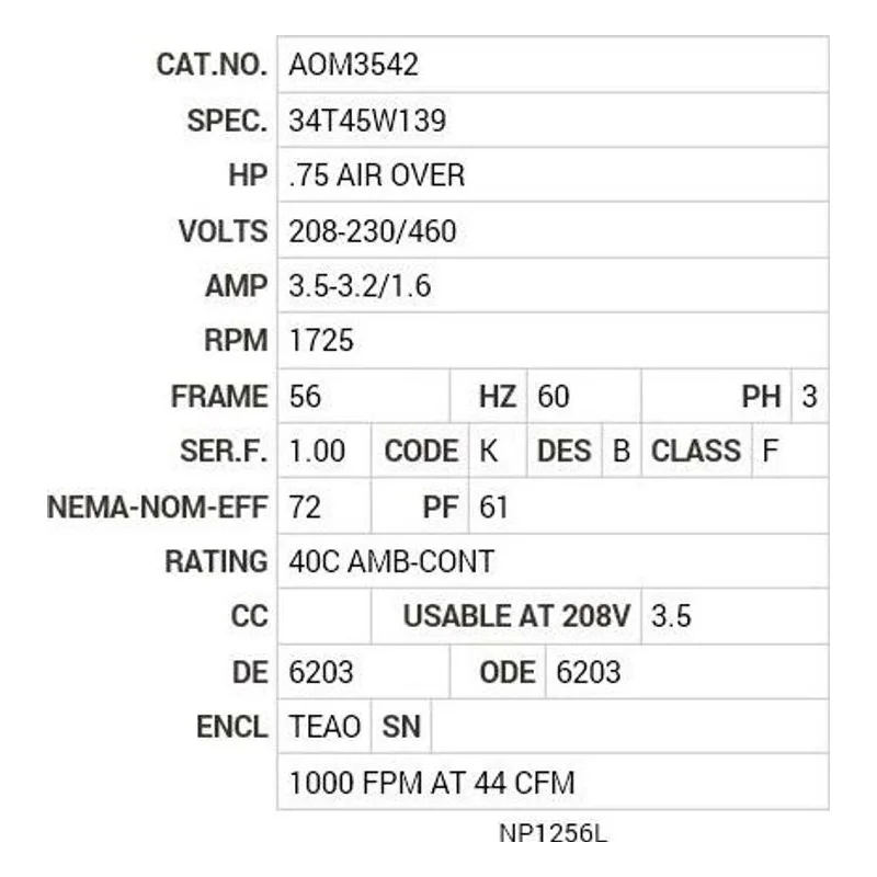 AOM3542 Baldor .75 HP, 1725 RPM, 3 PH, 60 HZ, 56, 3416M, TEAO, F1 Motor Nameplate - view 2