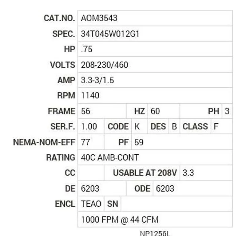 AOM3543 Baldor .75 HP, 1140 RPM, 3 PH, 60 HZ, 56, 3428M, TEAO, F1 Motor Nameplate - view 2