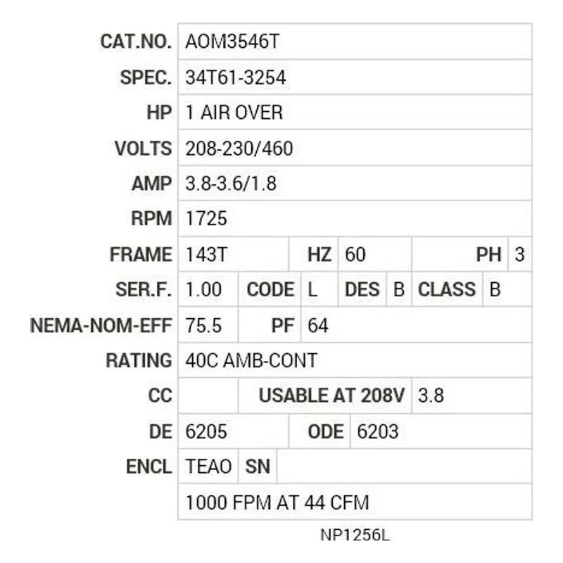 AOM3546T Baldor 1 HP, 1725 RPM, 3 PH, 60 HZ, 143T, 3428M, TEAO, F1 Motor Nameplate - view 2