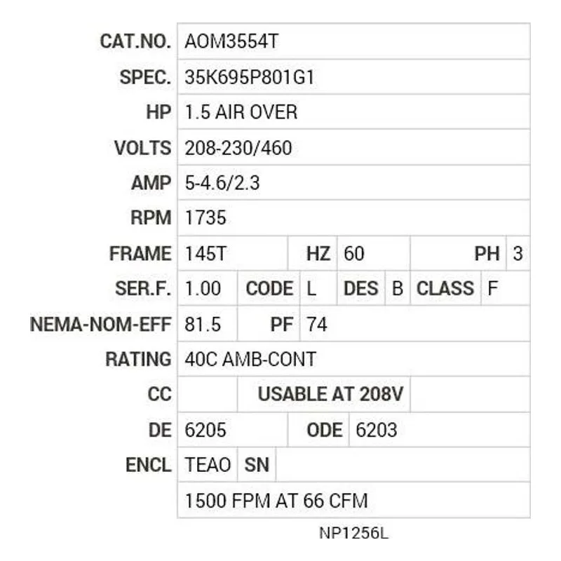 AOM3554T Baldor 1.5 AIR OVER HP, 1735 RPM, 3 PH, 60 HZ, 145T, 352 Motor Nameplate - view 2