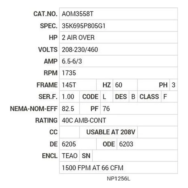 AOM3558T Baldor 2 AIR OVER HP, 1735 RPM, 3 PH, 60 HZ, 145T, 3523M Motor Nameplate - view 2