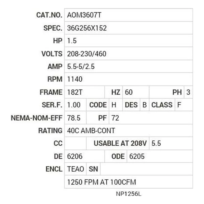 AOM3607T Baldor 1.5 HP, 1140 RPM, 3 PH, 60 HZ, 182T, 3617M, TEAO Motor Nameplate - view 2