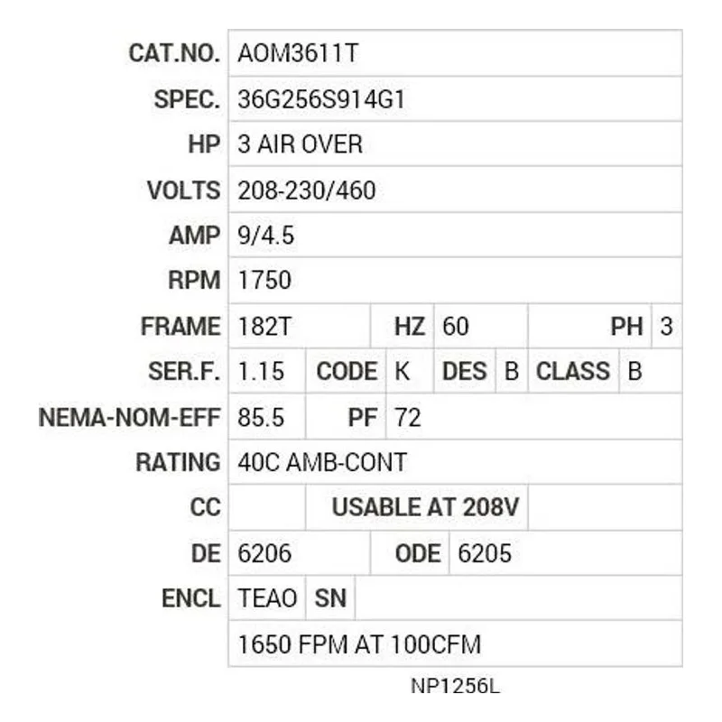 AOM3611T Baldor 3 AIR OVER HP, 1750 RPM, 3 PH, 60 HZ, 182T, 3622M Motor Nameplate - view 2