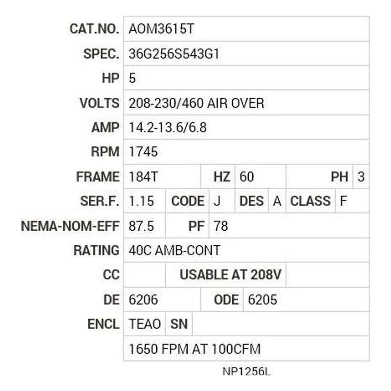 AOM3615T Baldor 5 HP, 1745 RPM, 3 PH, 60 HZ, 184T, 3634M, TEAO, F1 Motor Nameplate - view 2