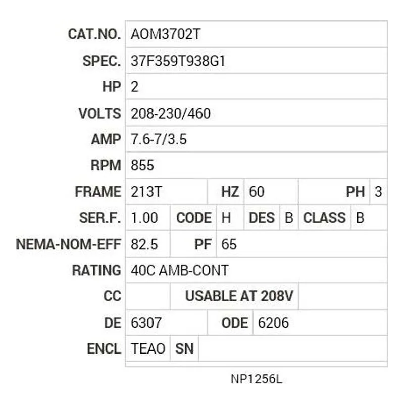 AOM3702T Baldor 2 HP, 855 RPM, 3 PH, 60 HZ, 213T, 3724M, TEAO, F1, N Motor Nameplate - view 2