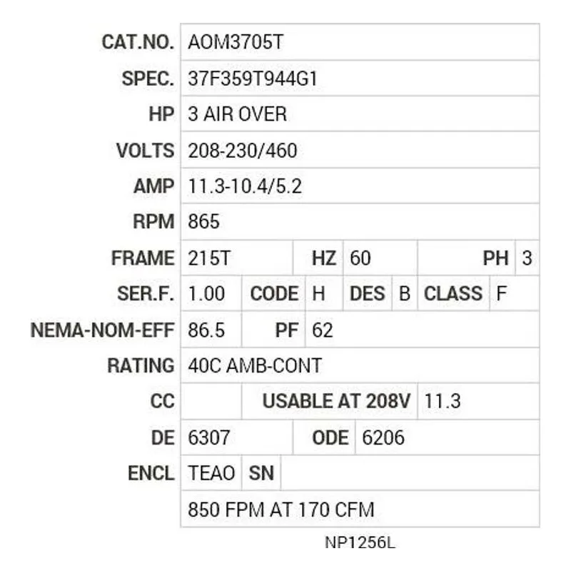 AOM3705T Baldor 3 AIR OVER HP, 865 RPM, 3 PH, 60 HZ, 215T, 3744M Motor Nameplate - view 2