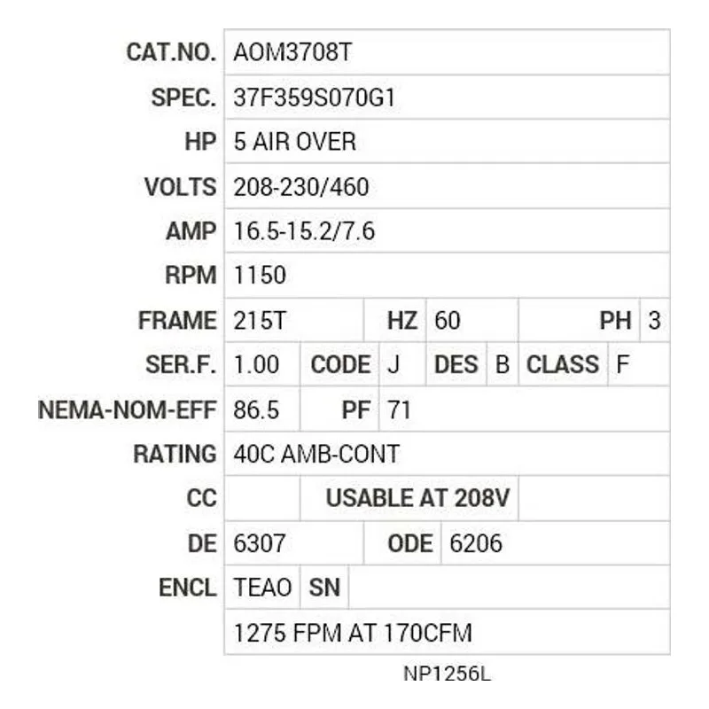 AOM3708T Baldor 5 AIR OVER HP, 1150 RPM, 3 PH, 60 HZ, 215T, 3732M Motor Nameplate - view 2