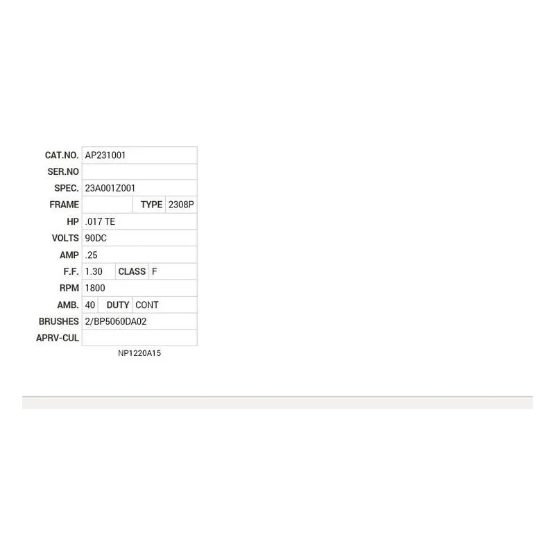AP231001 Baldor .02 HP, 1800 RPM, DC, AP-0, 2308P, TENV, F1 Motor Nameplate - view 2