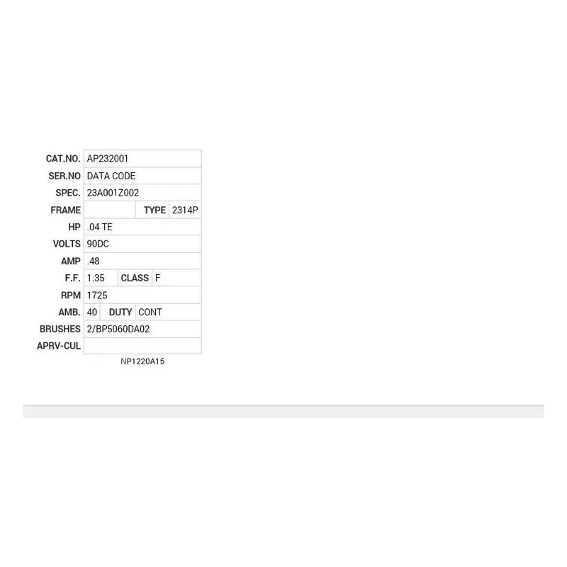 AP232001 Baldor .04 HP, 1725 RPM, DC, AP-0, 2314P, TENV, F1 Motor Nameplate - view 2