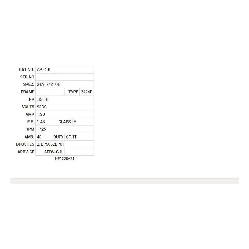 AP7401 Baldor .13 HP, 1725 RPM, DC, 2424P, TENV Motor Nameplate - view 2