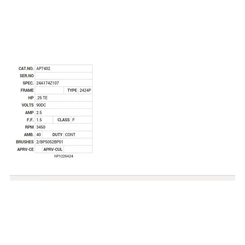 AP7402 Baldor .25 HP, 3450 RPM, DC, 2424P, TENV Motor Nameplate - view 2