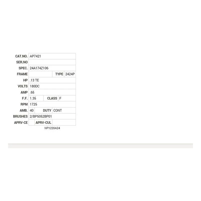 AP7421 Baldor .13 HP, 1725 RPM, DC, 2424P, TENV Motor Nameplate - view 2